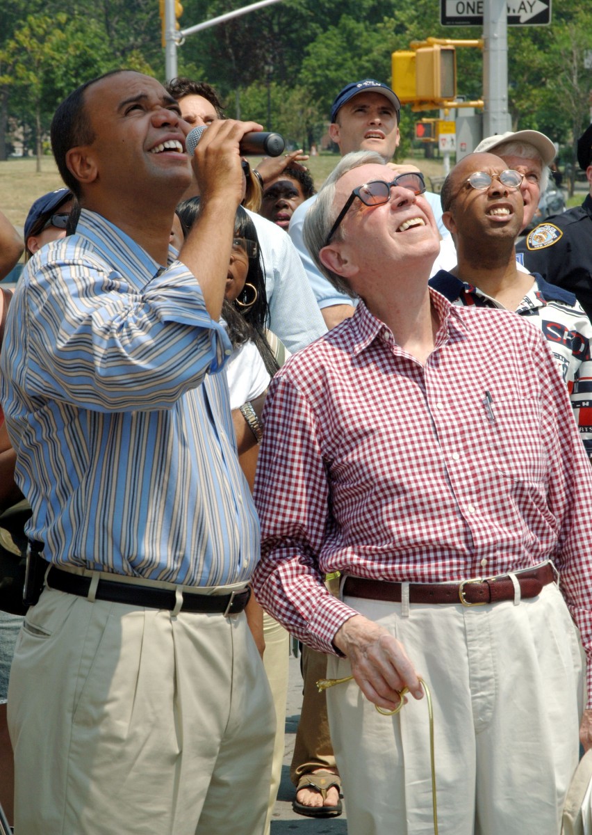 Bronx Borough President Adolfo Carrion (L) and Columnist Army Archerd are seen at the unveiling of the Bronx Walk of Fame during a parade in 2005. Carrion, former Bronx Borough President, is running for mayor of New York City. (Brad Barket/Getty Images)