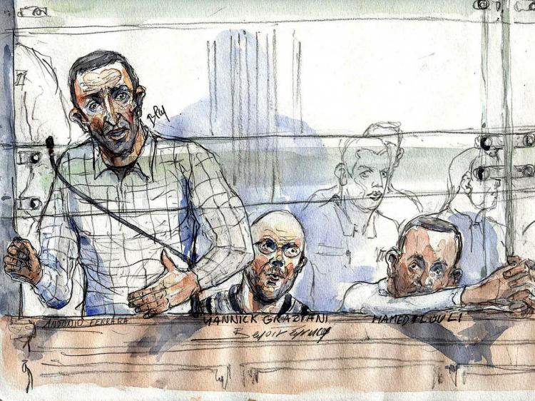A court sketch made on November 7, 2008 at the Paris courthouse shows Italian national Antonio Ferrara (L) during his trial for his spectacular 2003 jailbreak.  (Benoit Peyrucq/AFP/Getty Images)