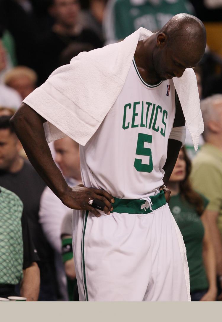 Kevin Garnett #5 of the Boston Celtics reacts after he is given a double technical foul and ejected from the game against the Miami Heat during Game One of the Eastern Conference Quarterfinals of the 2010 NBA playoffs at the TD Garden on April 17, 2010 in (Elsa/Getty Images)