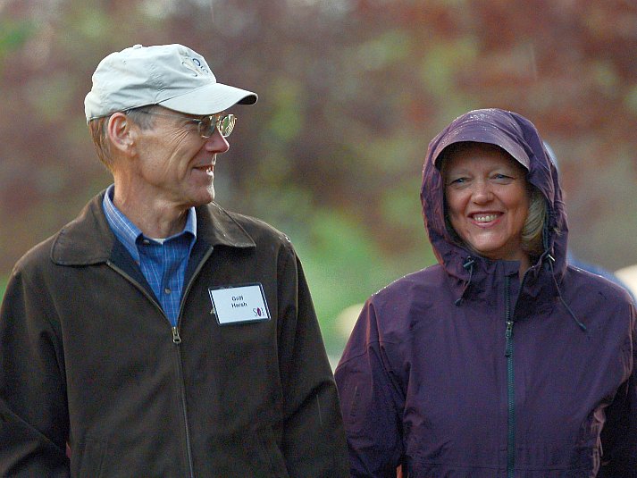 Meg Whitman, president and CEO of Hewlett-Packard, and her husband Griffith Harsh IV attend a media and technology conference in Sun Valley, Idaho, July 2012. On Nov. 20, HP announced a $8.8 billion write-down on its Autonomy acquisition, due to accounting fraud. (Kevork Djansezian/Getty Images)