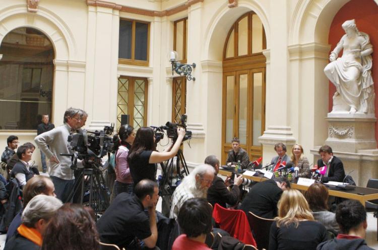 A press conference on November 15, 2010 in Vienna about the start on November 16 of the trial of a suspect in the 2009 murder of Chechen dissident Umar Israilov. (Dieter Nagl/AFP/Getty Images)