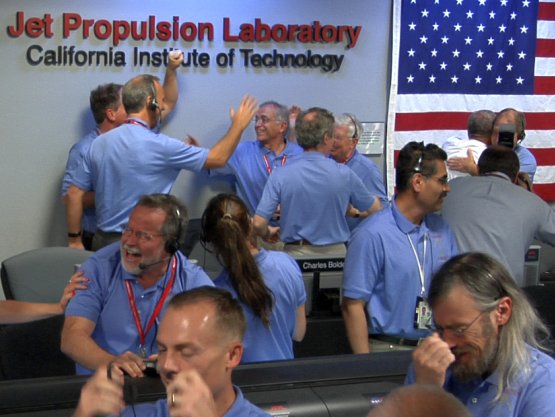 Engineers at NASA's Jet Propulsion Laboratory in Pasadena, Calif., celebrate the landing of NASA's Curiosity rover on the Red Planet. The rover touched down on Mars the evening of Aug. 5 PDT (morning of Aug. 6 EDT). ( NASA/JPL-Caltech)