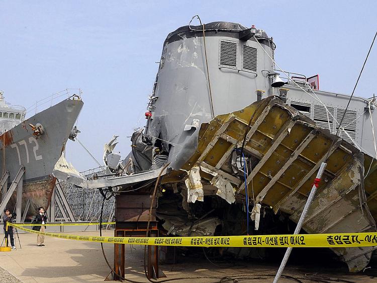 THE WRECK OF THE CHEONAN: A multinational investigation team concluded that a North Korean torpedo sank the South Korean warship Cheonan  on March 26, killing 46 sailors. (Song Kyung-Seok/Getty Images)