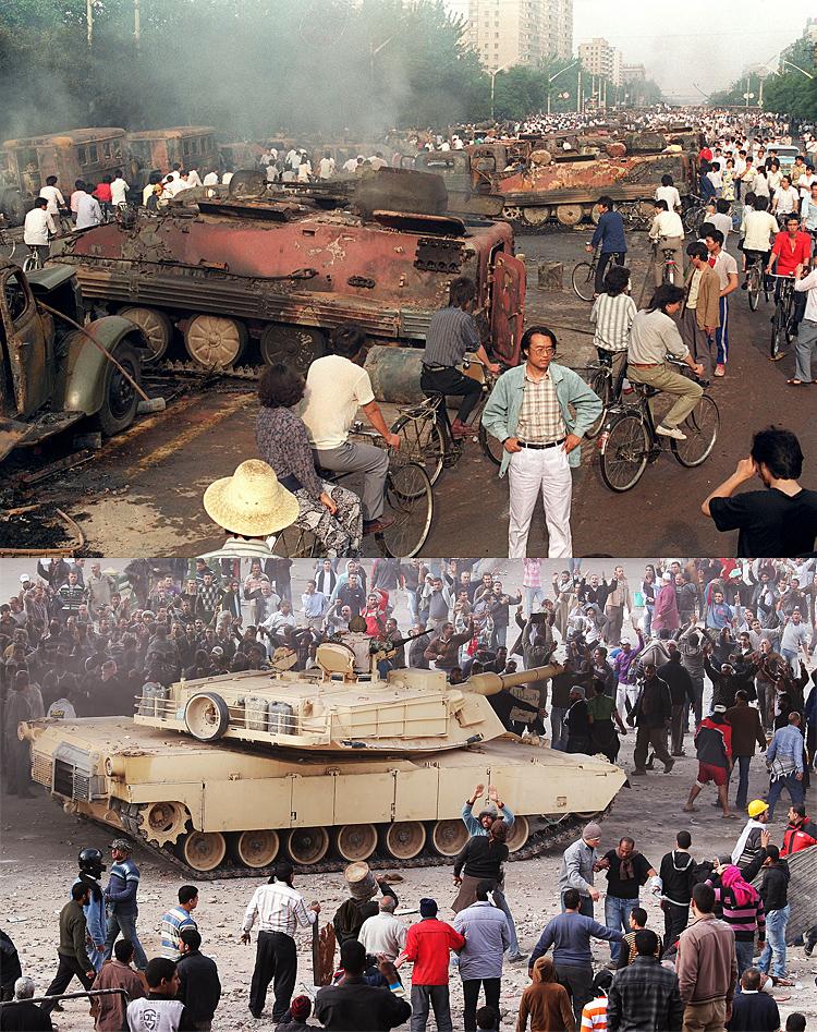 (Top) Beijing residents inspect the interior of some of over 20 armoured personnel carriers left on street after June 4, 1989. (Below)An army tank keeps Supporters of President Mubarak (top) separate from anti-government protesters in Tahrir Square on February 3, 2011 in Cairo, Egypt.  (Manuel Ceneta & Peter  Macdiarmid/Getty Images)