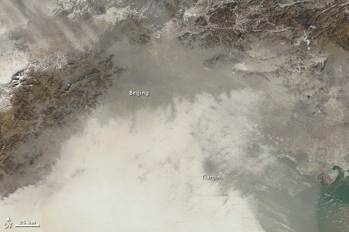 A NASA satellite image showing the extent of pollution covering Beijing and outlying areas. (NASA)