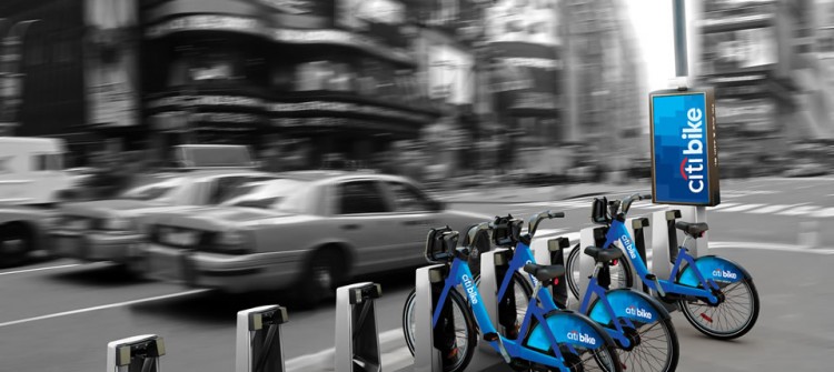 A rendering of a Citi Bike station