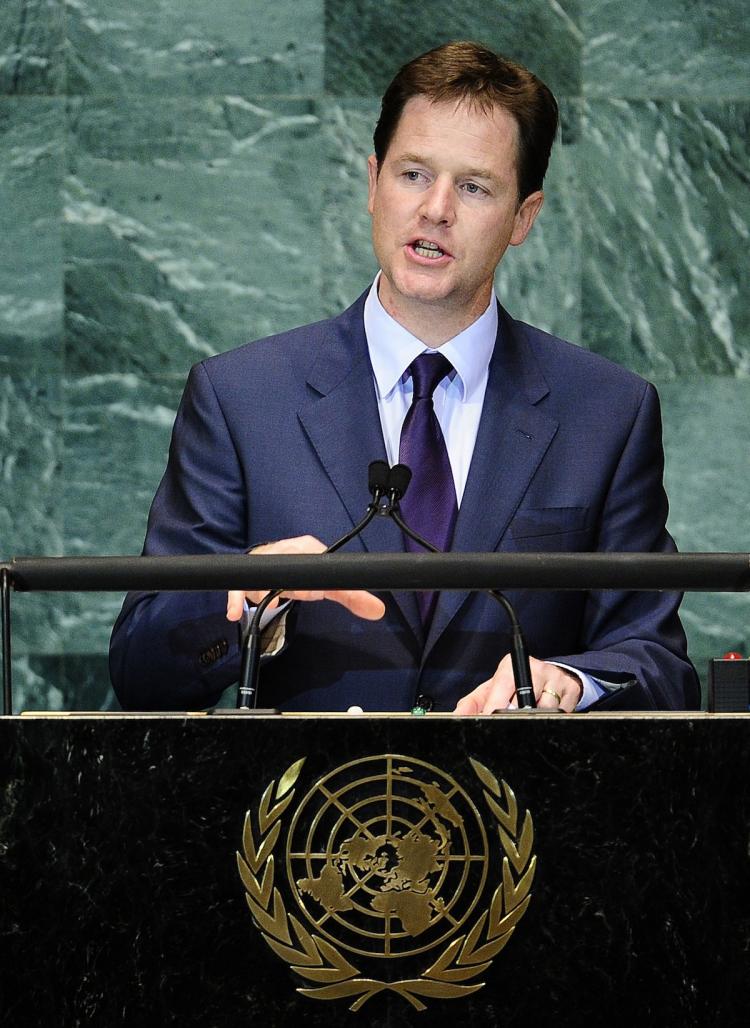 MEET THE GOALS: Britain's Deputy Prime Minister Nick Clegg addresses the Millennium Development Goals Summit at the United Nations headquarters in New York on Wednesday, Sept. 22.  (Emmanuel Dunand/Getty Images)
