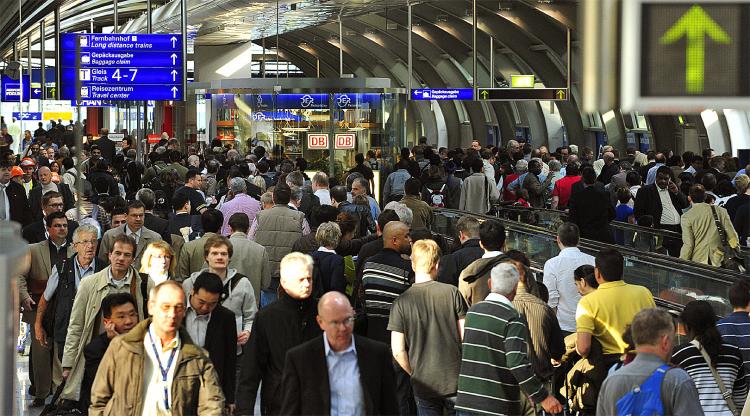 Passengers crowd the airport in Frankfurt/Main on April 16, 2010 as flights at Frankfurt airport, the biggest in Germany, were halted indefinitely as a high-altitude cloud of volcanic ash from Iceland spread further over Europe. (Torsten Silz/AFP/Getty Images)