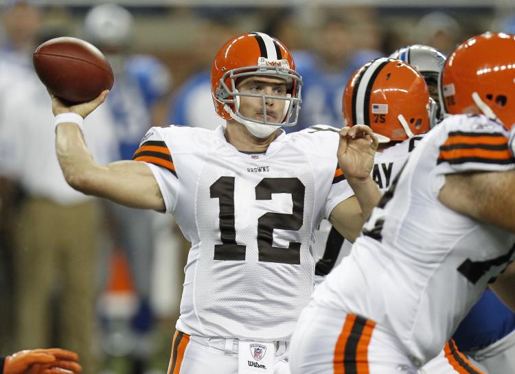 Colt McCoy #12 of the Cleveland Browns throws a fourth quarter pass while playing the Detroit Lions in a preseason game on August 28, 2010 at Ford Field in Detroit, Michigan. (Gregory Shamus/Getty Images)