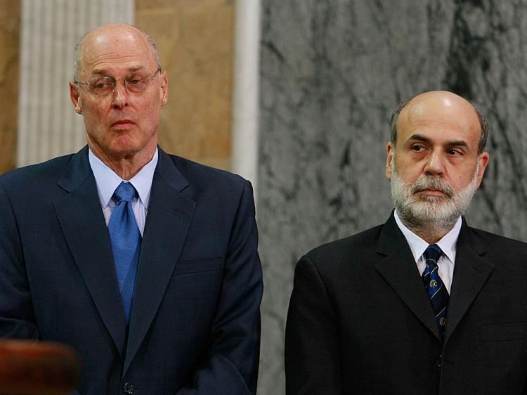 Secretary Henry M. Paulson (L) and Federal Reserve Chairman Ben Bernanke (R) participate in a news conference at the Treasury Department to talk about the market stability Initiative October 14, 2008.  (Mark Wilson/Getty Images)
