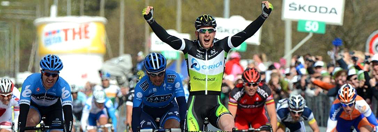 Matthew Goss earned Orica-GreenEdge its first Grand Tour victory in the sprint finish to Stage Three of the Giro d'Itlaia. (greenedgecycling.com)