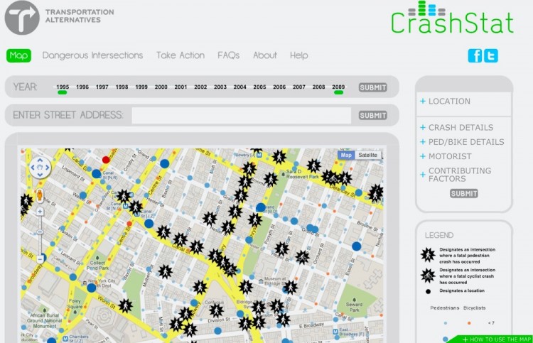 The newly relaunched interactive map by the non-profit Transportation Alternatives (TA), shows the first of a series of 'crash map' reports by any car involving in an accident with bicyclists or pedestrians in New York City. (Screenshot of crashstat.org)