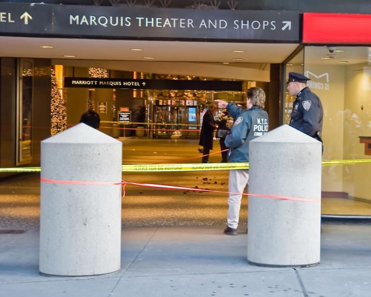 Outside a Marriott Hotel at Times Square where the shootout ended on Thursday.  (Aloysio Santos/The Epoch Times )
