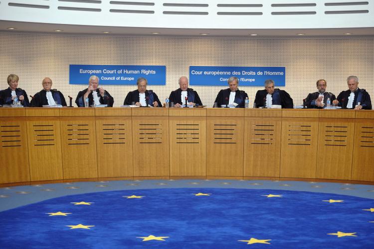 Judges sit at the European Court of Human Rights in Strasbourg, France, on June 30, 2010, before a chamber hearing.  ((AFP Photo/Frederick Florin))