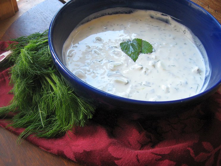 Cool, refreshing cucumber soup made with yogurt, sour cream, and fresh herbs