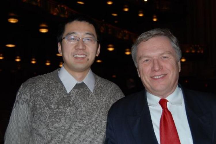 Mr. Niu and his friend Mr. Voelker, at Chicago's Civic Opera House. (The Epoch Times)