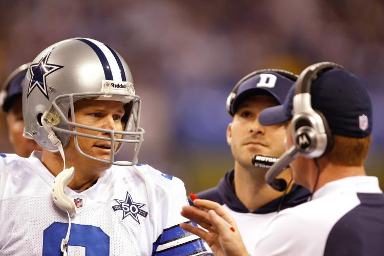 Dallas Cowboys' quarterback Jon Kitna No. 3 and head coach Jason Garrett (R) have led the Cowboys to a 3-1 record since Wade Phillips' firing. (Scott Boehm/Getty Images)