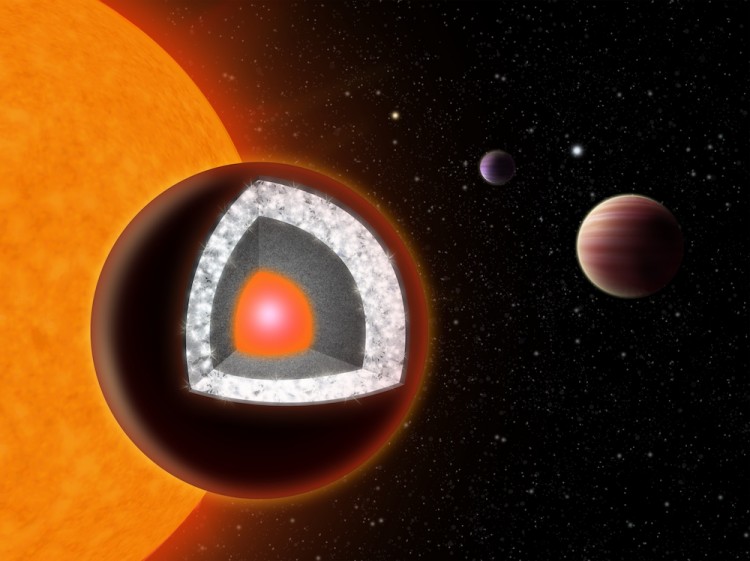 Illustration of the interior of 55 Cancri e—an extremely hot planet with a surface of mostly graphite surrounding a thick layer of diamond, below which is a layer of silicon-based minerals and a molten iron core at the center. (Haven Giguere)