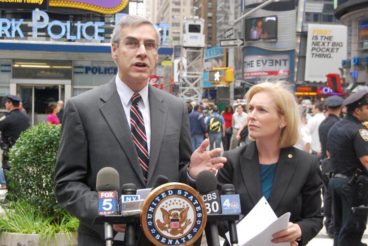 NYPD Deputy Commissioner Richard Daddario (L) and Sen. Kirsten Gillibrand (R) announced receipt of a $18.5 million grant given to New York City by the U.S. Department of Homeland Security to address the threat of radioactive bombs at a press conference in Times Square on Sunday. (Catherine Yang/The Epoch Times)