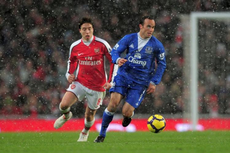 Landon Donovan (right) played his first English Premier League game in snowy conditions on Saturday. (Shaun Botterill/Getty Images)