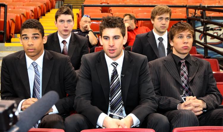 HOCKEY DRAFT CLASS: Evander Kane, Matt Duchene, John Tavares, Victor Hedman, and Brayden Schenn watch the Pittsburgh Penguins practice prior to Game 3 of the Stanley Cup finals. (Harry How/Getty Images)