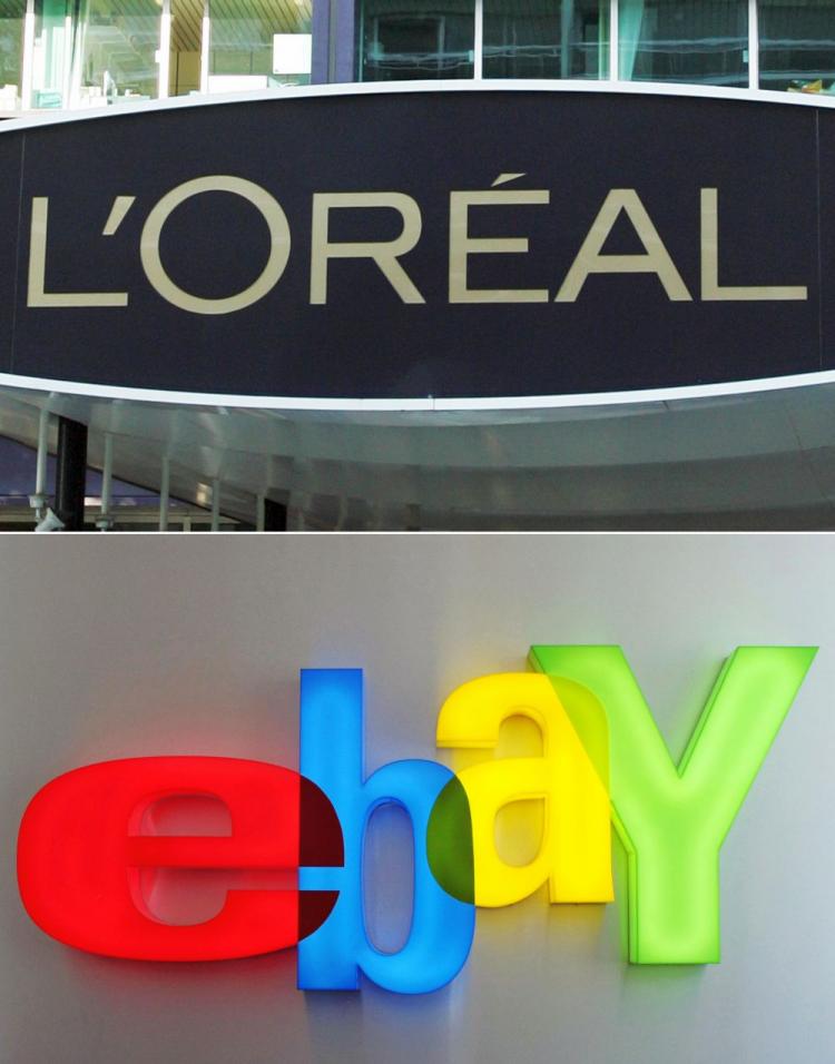 A combo shows the logos of U.S. online auctioneer eBay Inc. and French cosmetics giant L'Oreal SA. L'Oreal has taken eBay to court over concerns that the popular auction website has used its brand to sell counterfeit goods. The highest justice body in Europe, the European Court of Justice, ruled that eBay can be held liable for trademark breaches only after it has been notified of a potential infringement. The ruling was welcomed by both companies. (Marthon-Franck Fife/AFP/Getty Images)