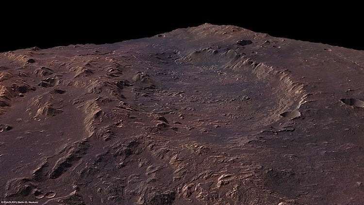 ANCIENT IMPACT: Eberswalde crater on Mars formed more than 3.7 billion years ago. The rim of the crater is intact only in the north-eastern part. The rest has been buried by ejecta from the larger, more recent Holden impact crater nearby. (ESA/DLR/FU Berlin, G. Neukum)