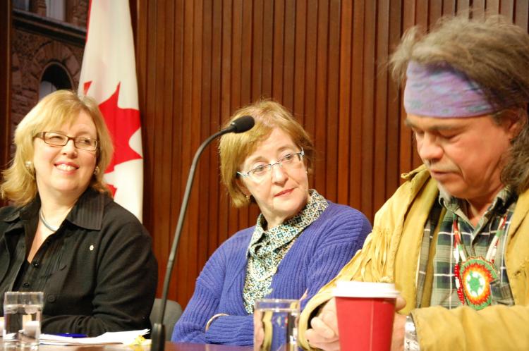 Green Party leader Elizabeth May, Maude Barlow, national chairperson of the Council of Canadians and senior adviser on water to the President of the UN General Assembly, and environmental activist Danny Beaton from the Mohawk Nation, speak at a press conf (Douglas Glynn)