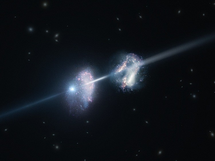 Artist's impression of two galaxies in the early universe. The brilliant explosion on the left is a gamma-ray burst. The light from the burst travels through both galaxies on its way to Earth (outside the frame to the right). Analysis of observations of the light from this gamma-ray burst made using ESO's Very Large Telescope have shown that these two galaxies are remarkably rich in heavier chemical elements. (ESO/L. Calcada)