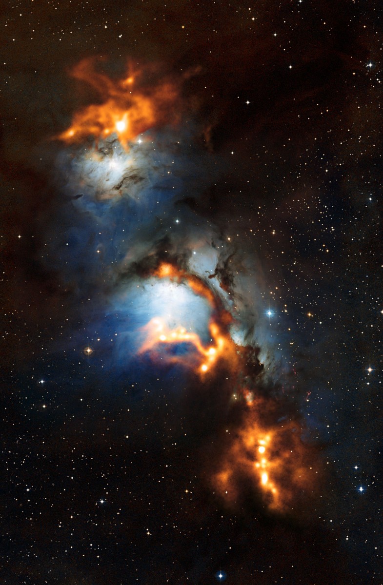 This image of the region surrounding the reflection nebula Messier 78, just to the north of Orion's belt, shows clouds of cosmic dust threaded through the nebula like a string of pearls.