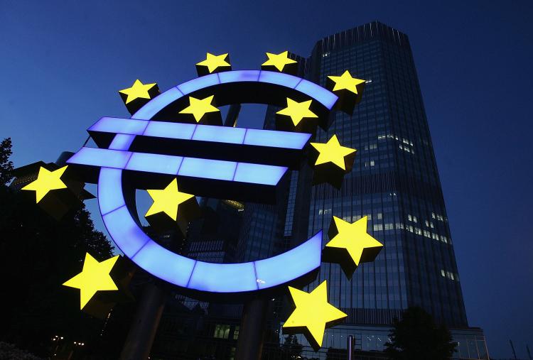 A huge euro logo is seen in front of the headquarters of the European Central Bank (ECB) on June 13, 2005 in Frankfurt, Germany. (Ralph Orlowski/Getty Images)