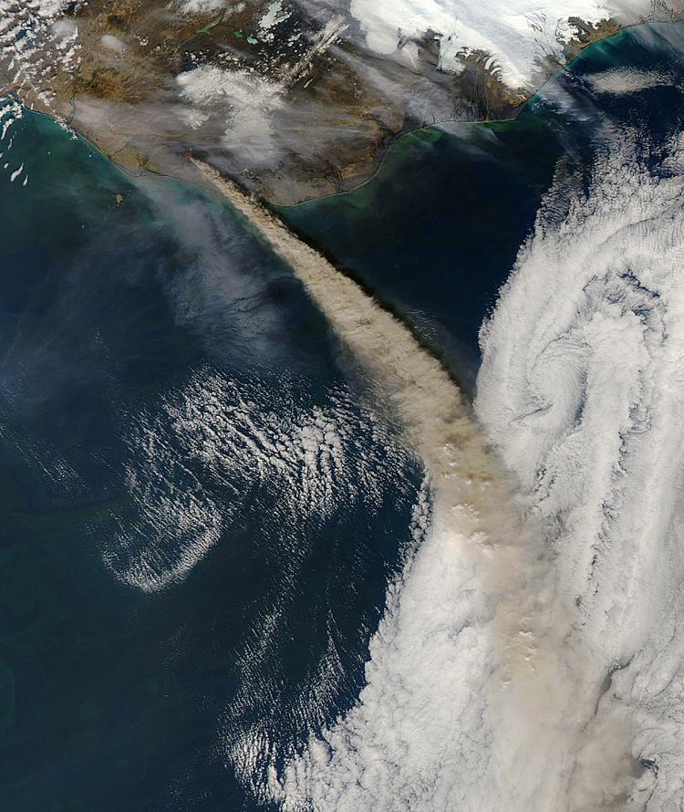 This image from NASA's Aqua satellite shows Iceland's Eyjafjallajokull volcano continuing to emit a dense plume of ash and steam, May 8, 2010. (NASA MODIS/AFP/Getty Images)