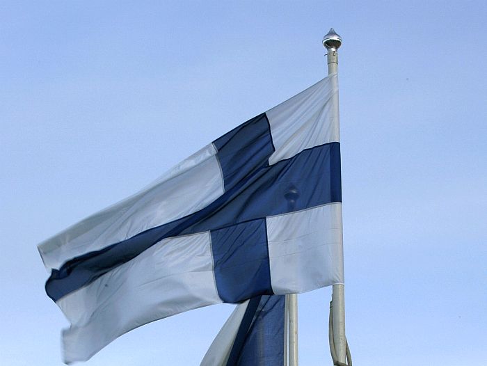Finnish flag (front), together with European Union country flags, in Lahti, Finland. (Gerard Cerles/AFP/Getty Images) 