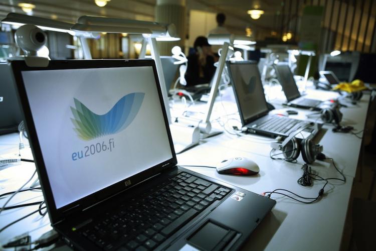 Computers at the press centre of the informal meeting of European Union Employment in Helsinki, Finland. Finland has become the world's first nation to make household access to broadband Internet a legal right. (Heikki Saukkomaa/Getty Images)