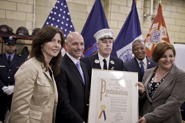 New York City's Fire Commissioner Salvatore Cassano and other department officials marked Ladder Company 40's 100th anniversary on Tuesday in Harlem at Engine Company 37/Ladder Company 40 on West 125th Street Pictured L-R are: Council Member Elizabeth Crowley, Fire Commissioner Salvatore Cassano, Captain George Campbell, Council Member Robert Jackson, and Council Speaker Christine C. Quinn (Aloysio Santos/The Epoch Times)
