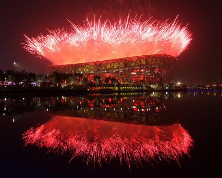 Fireworks explode over the National Stadium during the Opening Ceremony for the Beijing 2008 Olympic Games at the National Stadium on August 8 in Beijing, China.  (Clive Rose/Getty Images)