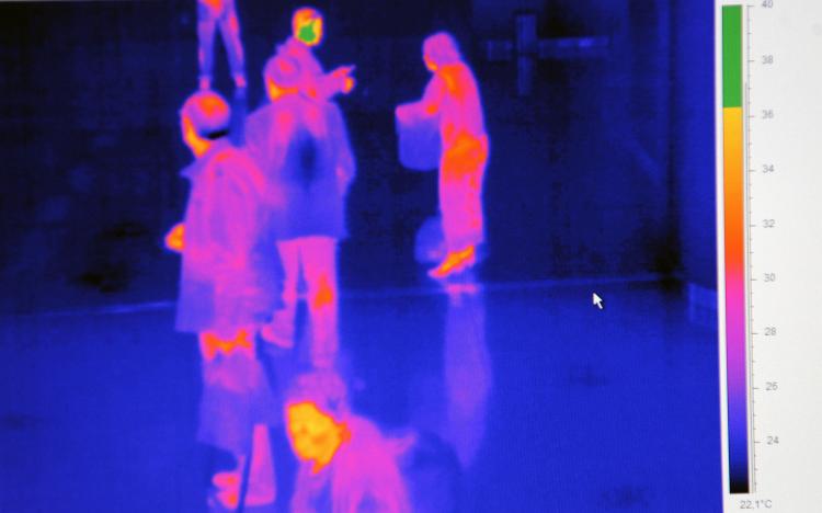 Travelers from an international flight are pictured on a thermographic device as they arrived at Sofia airport on April 29, 2009. (Dimitar Dilkoff/AFP/Getty Images)
