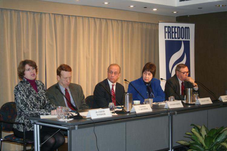 A panel of experts on social and political changes in the world comment Jan. 12 on Freedom House's annual report, 'Freedom in the World 2010.' From left to right: Jennifer Windsor, executive director of Freedom House; Thomas Carothers, Carnegie Endowmen (Gary Feuerberg/The Epoch Times)