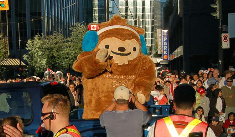Quatchi, one of the Vancouver Olympics mascots, was one of the highlights of the main parade at the Steveston Salmon Festival on Canada Day. (Fany Qiu/The Epoch Times)