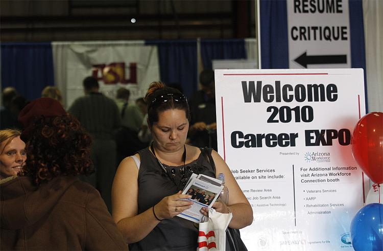 A woman attends the Arizona Workforce Connection Career Expo at the Arizona State Fair Grounds on March 31, 2010 in Phoenix, Arizona. (Joshua Lott/Getty Images)