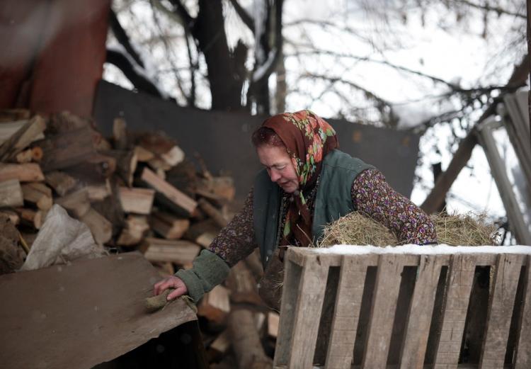 An elderly woman carries a hay at her home near Sofia, Bulgaria on January 8, 2009. Bulgaria struggled to adapt to the gas shortage today as a total cut in Russian deliveries, on which it is entirely dependent for its natural gas needs, ran into its third day. (Boryana Katsarova/AFP)