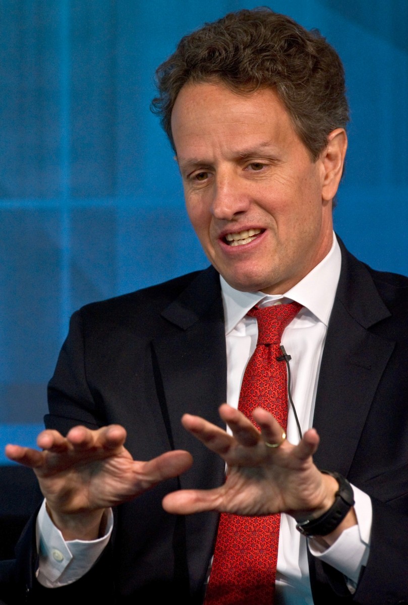U.S. Treasury Secretary Tim Geithner addresses a conference ahead of the spring meetings of the International Monetary Fund in Washington in this file photo from April 2011. (Nicholas Kamm/Getty Images)