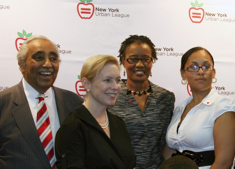 JOBS FOR YOUTH: Rep. Charles Rangel (L), U.S. Senator Kirsten Gillibrand (2nd from L), and Arva Rice, (2nd from R) President and CEO of New York Urban League met in Harlem on Tuesday to discuss the Urban Jobs Act.(Zack Stieber/The Epoch Times)
