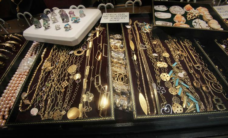 Gold jewelry and other precious items are displayed for sale in the Diamond District September 29, 2010 in New York City. For the first time, gold prices rose above $1300 an ounce yesterday as investors search for stability amidst global economic turmoil. (Mario Tama/Getty Images)