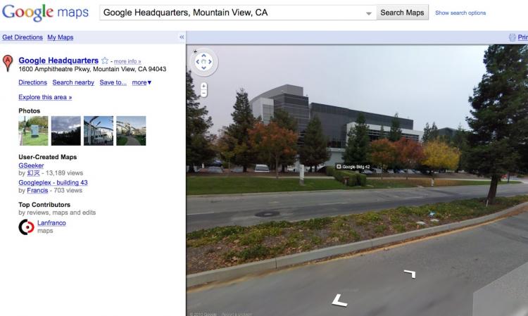 A screen shot of the Google headquarters on Google maps. It the closest view available of Google headquarters using Street View.  (Screenshot from maps.google.com)