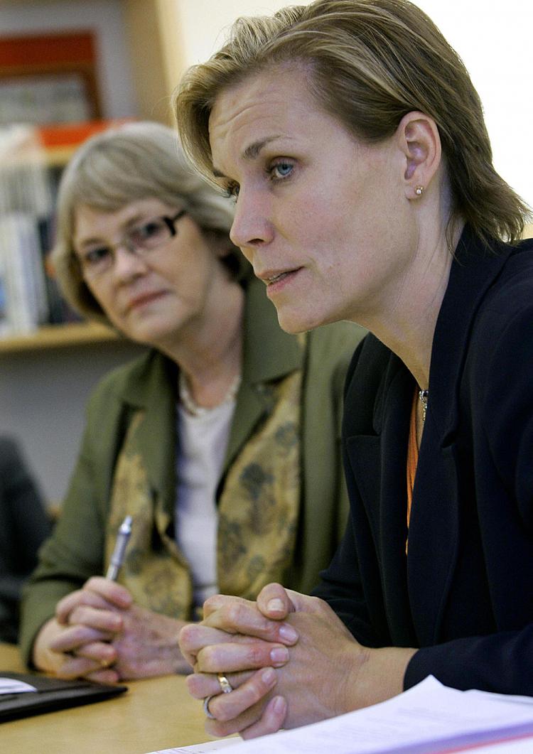 The United Nations relief agency for Palestinian refugees (UNRWA) deputy Commissioner General Karen Koning Abuzayd (L) and Sweden's Minister for International Development Gunilla Carlsson (R) face the media at a joint press conference in Stockholm. (Claudio Bresciani/AFP/Getty Images)