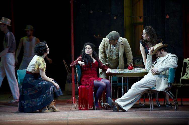 L-R: Teiya Kasahara as Frasquita, Rinat Shaham as Carmen, Justin Welsh as Le Dancaire, Lauren Segal as Mercedes, and Adam Luther as Le Remendado in the Canadian Opera Company's production of Carmen. (Michael Cooper)