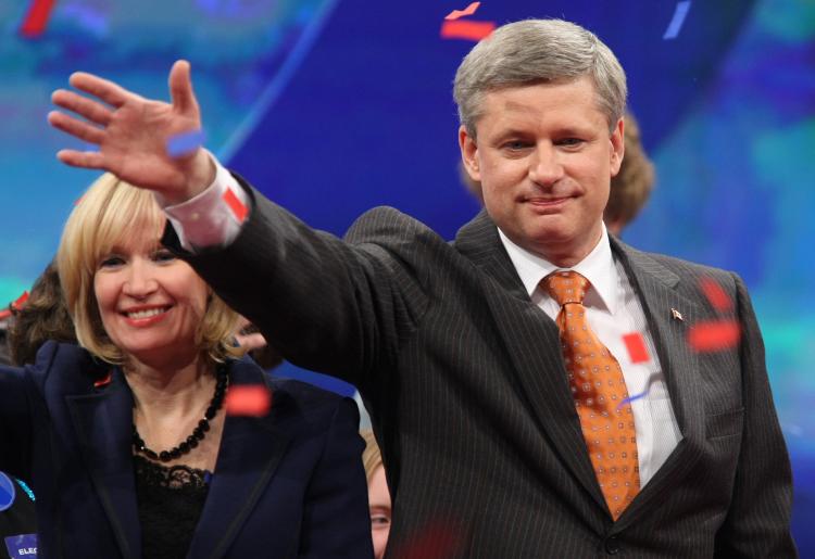 Prime Minister Stephen Harper and his wife Laureen celebrate a Conservative Party victory in the federal election in Calgary, Canada.  (Mike Ridewood/Getty Images)