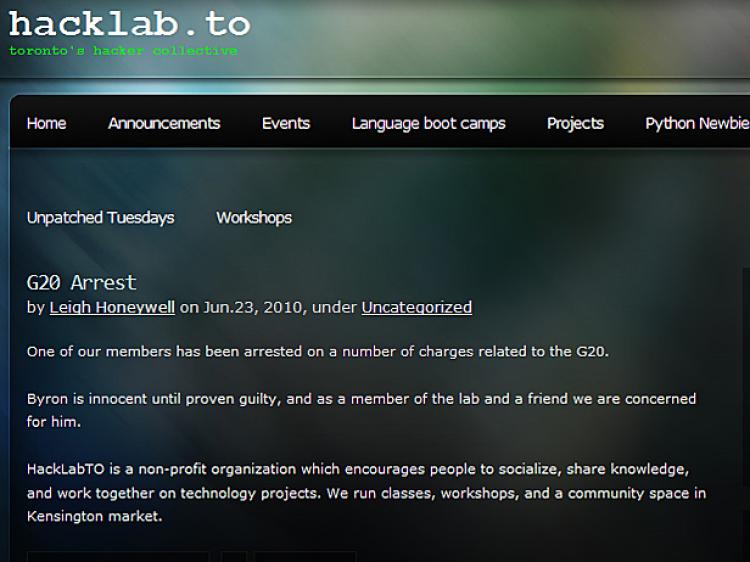 A screenshot of the Hacklab site mentioning Sonne's arrest. (http://hacklab.to/)