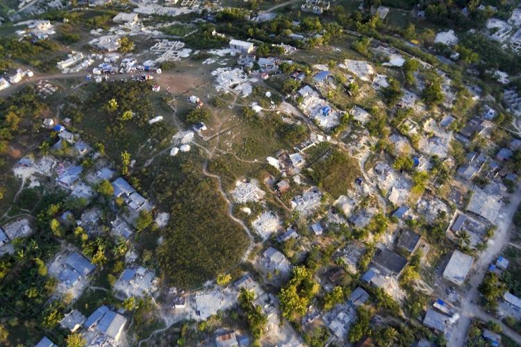 An arial view of a destroyed hillside village 30 kilometers outside the capital on January 21, 2010 near Gressier, Haiti. Haiti is trying to recover from a powerful 7.0-strong earthquake that struck on January 12 and devastated the country. (Logan Abassi/MINUSTAH via Getty Images)